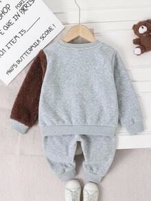 SHEIN Kids Baby Boy Colorblock Patchwork Printed Bear Crew Neck Pullover Winter Sweatshirt,Halloween Fall School Christmas - Grey - View 2