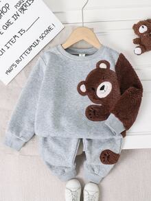 SHEIN Kids Baby Boy Colorblock Patchwork Printed Bear Crew Neck Pullover Winter Sweatshirt,Halloween Fall School Christmas - Grey - View 6