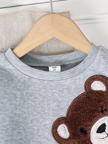 SHEIN Kids Baby Boy Colorblock Patchwork Printed Bear Crew Neck Pullover Winter Sweatshirt,Halloween Fall School Christmas - Grey - View 4