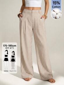 SHEIN Tall 女款卡其色條紋直筒優雅上班褲 - 卡其色 - 查看 1