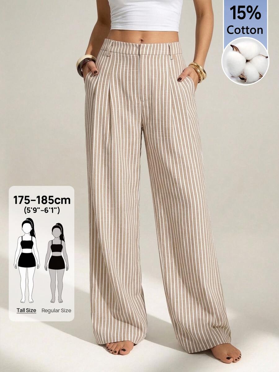 SHEIN Tall 女款卡其色條紋直筒優雅上班褲 - 卡其色 - 查看 1