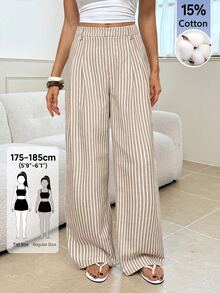 SHEIN Tall 女款卡其色條紋直筒優雅上班褲 - 卡其色 - 查看 10
