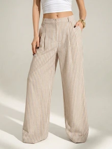 SHEIN Tall 女款卡其色條紋直筒優雅上班褲 - 卡其色 - 查看 11