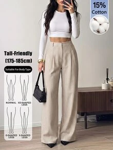 SHEIN Tall 女款卡其色條紋直筒優雅上班褲 - 卡其色 - 查看 4