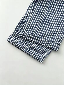 SHEIN Holidaya 复古休闲黑白竖条纹哈伦裤 - 藍色 - 查看 5