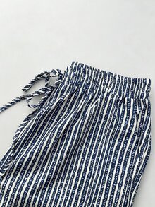 SHEIN Holidaya 复古休闲黑白竖条纹哈伦裤 - 藍色 - 查看 6