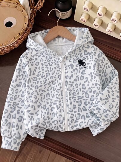 Baby Girl Grey White Leopard Print Zip-Up Hooded Sweatshirt, Cute Animal Pattern With Pony Design Jacket
