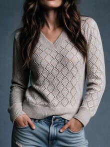 Trelyra Women's V-Neck Argyle Hollow Knit Sweater, Slim Fit Flattering Long Sleeve Inner Layer Base Layer Pullover, Autumn Style Office Everyday Beige - Khaki - View 3