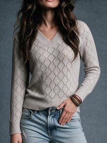 Trelyra Women's V-Neck Argyle Hollow Knit Sweater, Slim Fit Flattering Long Sleeve Inner Layer Base Layer Pullover, Autumn Style Office Everyday Beige - Khaki - View 4