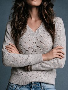 Trelyra Women's V-Neck Argyle Hollow Knit Sweater, Slim Fit Flattering Long Sleeve Inner Layer Base Layer Pullover, Autumn Style Office Everyday Beige - Khaki - View 6