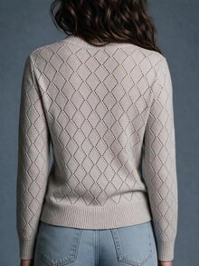Trelyra Women's V-Neck Argyle Hollow Knit Sweater, Slim Fit Flattering Long Sleeve Inner Layer Base Layer Pullover, Autumn Style Office Everyday Beige - Khaki - View 2
