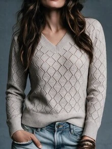 Trelyra Women's V-Neck Argyle Hollow Knit Sweater, Slim Fit Flattering Long Sleeve Inner Layer Base Layer Pullover, Autumn Style Office Everyday Beige - Khaki - View 1