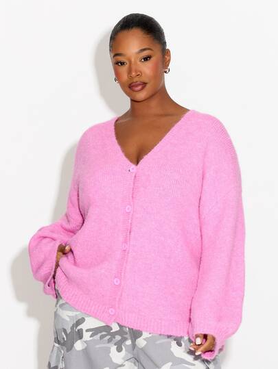 FASHION SZN Plus Size Fluffy Knit Cardigan Casual Fall Cozy Chic Elegant Everyday Fall Curve Knitwear Capsule Wardrobe Autumn Winter Comfy Fall Fashion For Women New Season Trending Pink Layering Work Wear To Office Super Soft Long Sleeves Jumper Sweater Plus Size