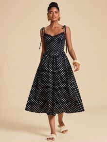 Travachic 女款經典編織波點性感浪漫1960年代復古70年代通勤百搭蕾絲飾邊中長洋裝野餐度假 - 黑與白 - 查看 6