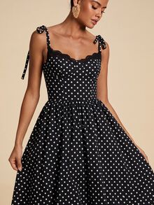 Travachic 女款經典編織波點性感浪漫1960年代復古70年代通勤百搭蕾絲飾邊中長洋裝野餐度假 - 黑與白 - 查看 7