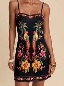Travachic Women's Floral & Bird Print Casual Vacation Summer Spaghetti Strap Mini Dress - Multicolor - View 10