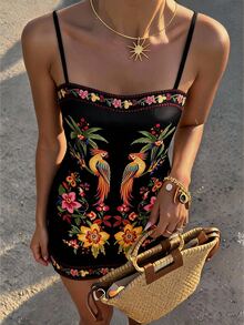 Travachic Women's Floral & Bird Print Casual Vacation Summer Spaghetti Strap Mini Dress - Multicolor - View 1