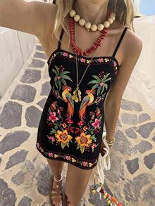 Travachic Women's Floral & Bird Print Casual Vacation Summer Spaghetti Strap Mini Dress - Multicolor - View 2