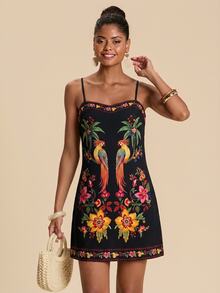 Travachic Women's Floral & Bird Print Casual Vacation Summer Spaghetti Strap Mini Dress - Multicolor - View 9