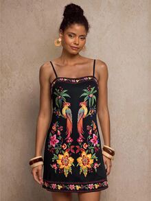 Travachic Women's Floral & Bird Print Casual Vacation Summer Spaghetti Strap Mini Dress - Multicolor - View 3