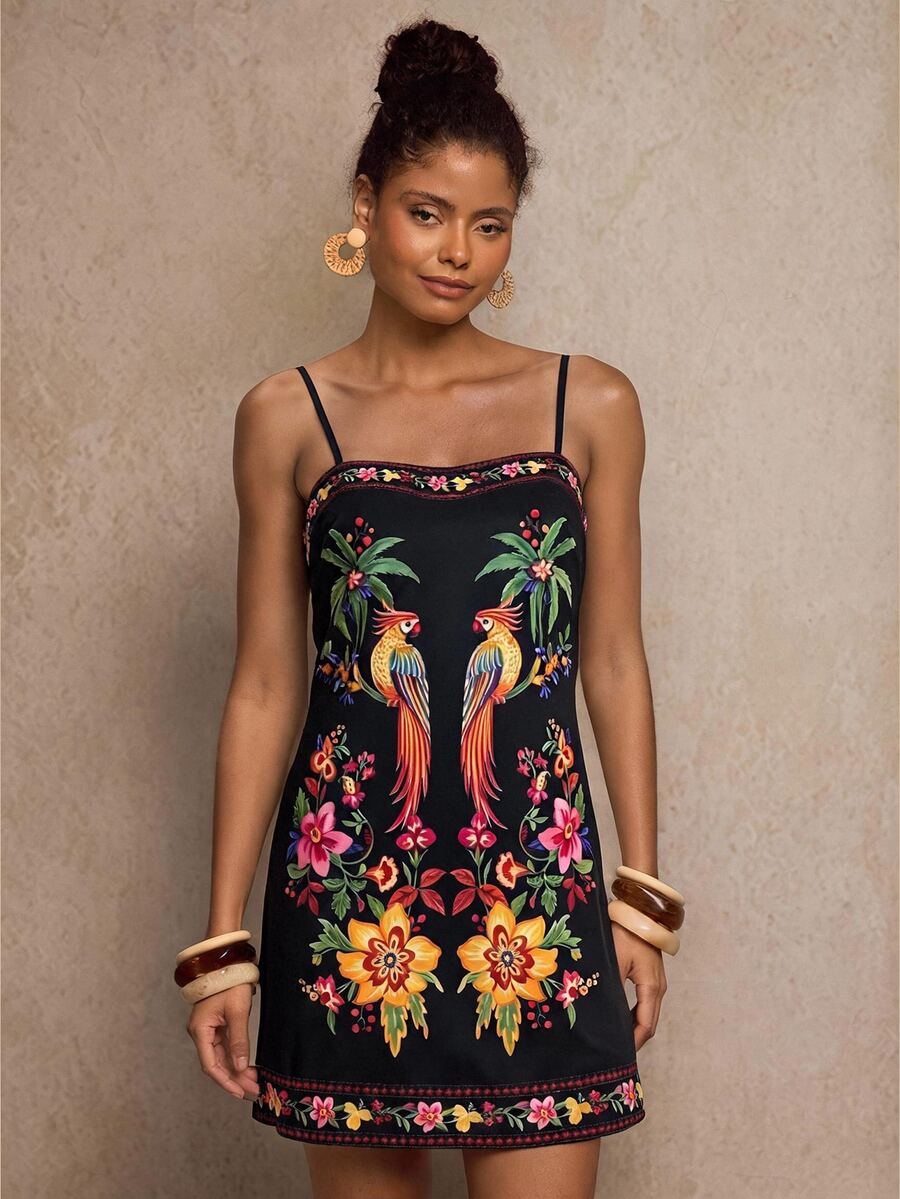 Travachic Women's Floral Bird Print Casual Tropical Boho Vacation Summer Spaghetti Strap Mini Dress Vacation Beach Multicolor - Multicolor - View 1