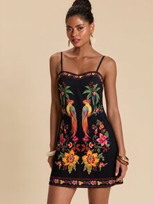 Travachic Women's Floral & Bird Print Casual Vacation Summer Spaghetti Strap Mini Dress - Multicolor - View 7