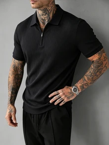 Manfinity CasualCool Men's Solid Color Short Sleeve Zip Placket Casual Polo Shirt - Black - View 5