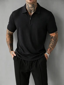 Manfinity CasualCool Men's Solid Color Short Sleeve Zip Placket Casual Polo Shirt - Black - View 3