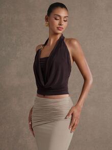 Hauture Women's Solid Color Metal Decor Halter Casual Versatile Daily Wear Brown Top, Elegant, Summer, Office Attire - Coffee Brown - View 4