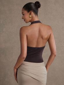 Hauture Women's Solid Color Metal Decor Halter Casual Versatile Daily Wear Brown Top, Elegant, Summer, Office Attire - Coffee Brown - View 6