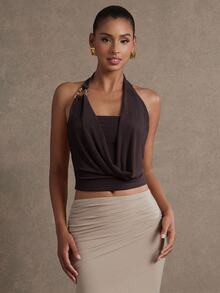 Hauture Women's Solid Color Metal Decor Halter Casual Versatile Daily Wear Brown Top, Elegant, Summer, Office Attire - Coffee Brown - View 3