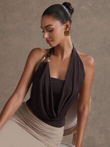 Hauture Women's Solid Color Metal Decor Halter Casual Versatile Daily Wear Brown Top, Elegant, Summer, Office Attire - Coffee Brown - View 1