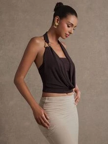 Hauture Women's Solid Color Metal Decor Halter Casual Versatile Daily Wear Brown Top, Elegant, Summer, Office Attire - Coffee Brown - View 5