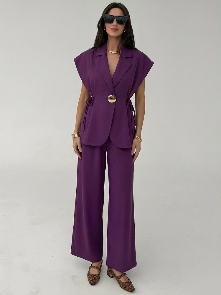 Aloruh Waist-Cinching Tie-Up Metal Decor Commuter Blazer Purple Suit Set Featuring A Deep V-Neck And Side-Tie Detail-A Minimalist, Chic Choice For The Office - Purple - View 6