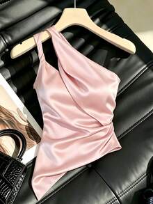 Modelyn 辣妹風粉色不對稱領鏤空背心上衣 夏季收腰百褶設計 小眾不對稱領 女款性感優雅上衣 - 粉色 - 查看 4