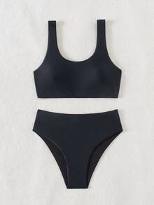 SHEIN Swim Conjunto de bikini de unicolor para mujer para playa y piscina en verano - Negro - Ver 4