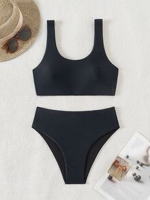 SHEIN Swim Conjunto de bikini de unicolor para mujer para playa y piscina en verano - Negro - Ver 5
