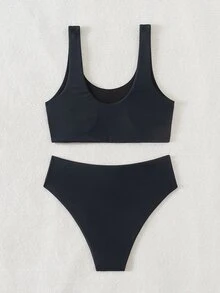 SHEIN Swim Conjunto de bikini de unicolor para mujer para playa y piscina en verano - Negro - Ver 3