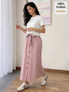 Modelyn 白色T恤+韩版弹力腰带口袋A字喇叭单排扣休闲时尚半身裙女装两件套 - 彩色 - 查看 3