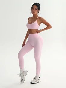 SHEIN Sports Set Pakaian Olahraga Yoga Tanpa Jahitan untuk Wanita dengan Bra Olahraga Tali Tipis dan Legging Pengangkat Bokong dan Pengontrol Perut - Berwarna merah muda - View 5