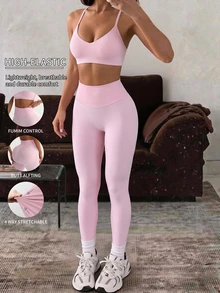 SHEIN Sports Set Pakaian Olahraga Yoga Tanpa Jahitan untuk Wanita dengan Bra Olahraga Tali Tipis dan Legging Pengangkat Bokong dan Pengontrol Perut - Berwarna merah muda - View 2