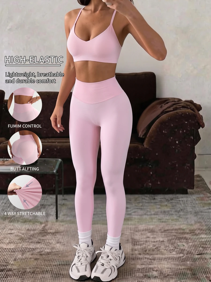 SHEIN Sports Set Pakaian Olahraga Yoga Tanpa Jahitan untuk Wanita dengan Bra Olahraga Tali Tipis dan Legging Pengangkat Bokong dan Pengontrol Perut