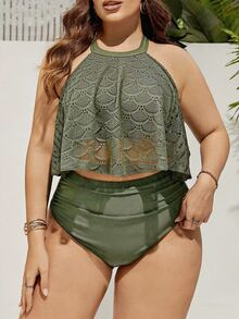SHEIN Swim Curve 2026新款加大码女士夏季时尚挂脖比基尼套装，特殊面料显瘦休闲度假两件套 - 軍綠色 - 查看 7