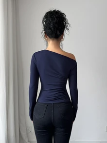 Glyssa Sexy Elegant Asymmetric Draped Neck Long Sleeve Top, Cold Shoulder Ruched Waist Bodycon Fitted Top For Women Going‑Out Night Out Club Navy Blue Autumn - Navy Blue - View 2