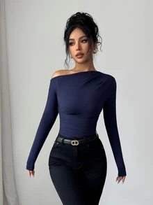 Glyssa Sexy Elegant Asymmetric Draped Neck Long Sleeve Top, Cold Shoulder Ruched Waist Bodycon Fitted Top For Women Going‑Out Night Out Club Navy Blue Autumn - Navy Blue - View 6