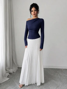 Glyssa Sexy Elegant Asymmetric Draped Neck Long Sleeve Top, Cold Shoulder Ruched Waist Bodycon Fitted Top For Women Going‑Out Night Out Club Navy Blue Autumn - Navy Blue - View 8