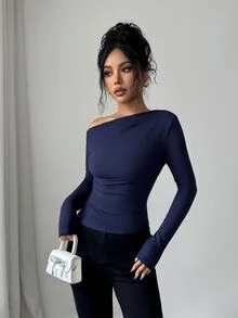 Glyssa Sexy Elegant Asymmetric Draped Neck Long Sleeve Top, Cold Shoulder Ruched Waist Bodycon Fitted Top For Women Going‑Out Night Out Club Navy Blue Autumn - Navy Blue - View 5