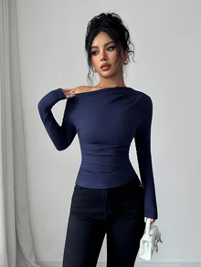 Glyssa Sexy Elegant Asymmetric Draped Neck Long Sleeve Top, Cold Shoulder Ruched Waist Bodycon Fitted Top For Women Going‑Out Night Out Club Navy Blue Autumn - Navy Blue - View 7