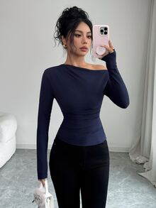 Glyssa Sexy Elegant Asymmetric Draped Neck Long Sleeve Top, Cold Shoulder Ruched Waist Bodycon Fitted Top For Women Going‑Out Night Out Club Navy Blue Autumn - Navy Blue - View 3