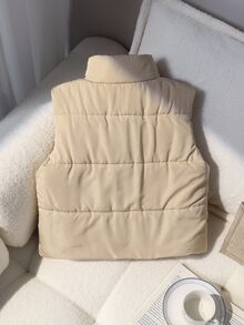 SHEIN Tween Girls Fleece Fall Clothes Khaki Long Sleeve Streetwear Cool Girl Zip Up Quilted Padded Stand Collar Short Vest, Autumn/Winter Fall, Solid - Apricot - View 3